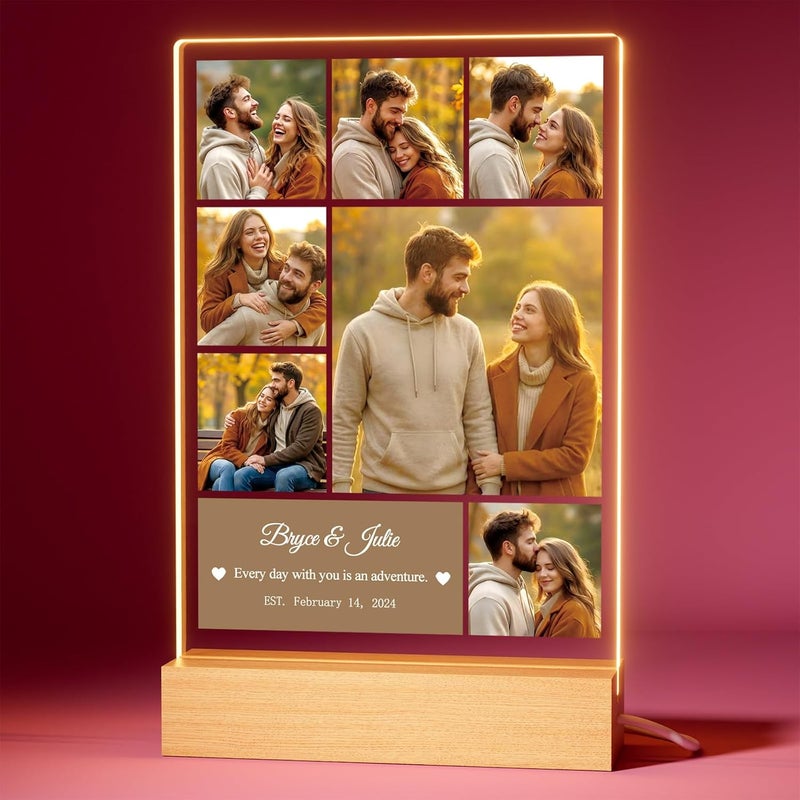 Bemaystar Custom Photo Collage Plaque - Personalized Light Up Plaque - Picture Frame with LED - Anniversary Valentines Day Gifts for Him Her Boyfriend Girlfriend Couple Birthday - 7 Photos - Image 1